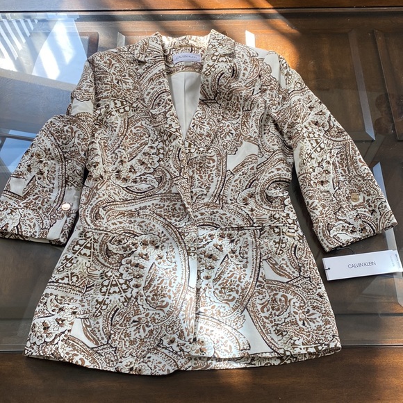 Calvin Klein Paisley Print Linen-Blend Collar Roll-Tab Sleeve Open Front Jacket - Picture 14 of 16